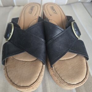 Born Black Leather Cork Platform Slide Sandals Women’s 9M Comfort Wedge